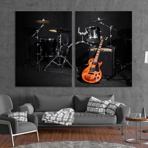 Set of Musical Instruments Canvas Print Music Canvas Print Drums Wall Art Drums Wall Decor Drums Art Electric Guitar Decor Guitar Print Set