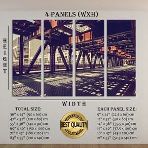 May include: A four-panel canvas print featuring a city scene with a bridge and buildings. The image is in a vintage style with a faded color palette. The print is available in various sizes, with the largest size being 83 inches by 55 inches.