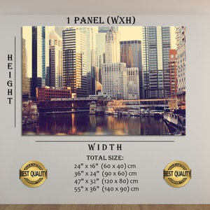May include: A panoramic view of a city skyline with tall buildings reflected in a river. The image is a canvas print with a vintage filter applied. The print is available in multiple sizes, including 24" x 16", 36" x 24", 47" x 32", and 55" x 36".