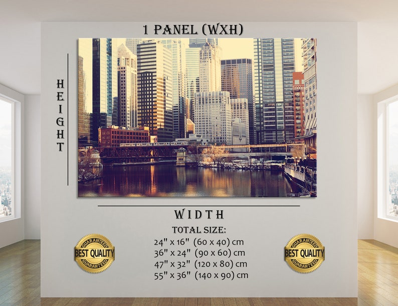 May include: A panoramic view of a city skyline with tall buildings reflected in a river. The image is a canvas print with a vintage filter applied. The print is available in multiple sizes, including 24" x 16", 36" x 24", 47" x 32", and 55" x 36".