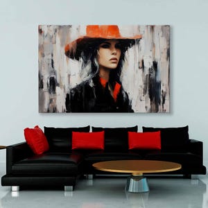 Toile abstraite Femme au chapeau rouge - Art mural tendance - Grand tableau moderne, encadré et prêt à accrocher