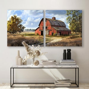 May include: A two-panel canvas print depicting a rural landscape with a vibrant red barn under a cloudy sky. The barn, with its weathered appearance, is the focal point, surrounded by fields and trees. The artwork evokes a sense of rustic charm and natural beauty.