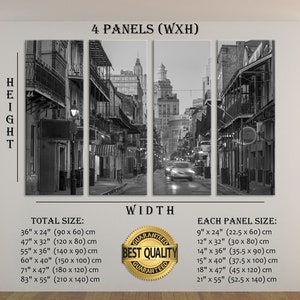 May include: Black and white four-panel canvas art print depicting a street scene with buildings and a blurred car. The total size options range from 36" x 24" to 83" x 55". Each panel size is listed, starting at 9" x 24".