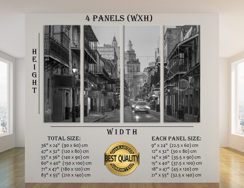 May include: Black and white four-panel canvas art print depicting a street scene with buildings and a blurred car. The total size options range from 36" x 24" to 83" x 55". Each panel size is listed, starting at 9" x 24".