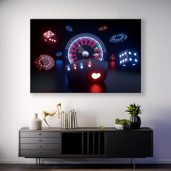 Vegas Nights Casino Wall Art: Roulette Canvas Print, Playing Cards, Dice Poster, Chips Prints, Neon Lights