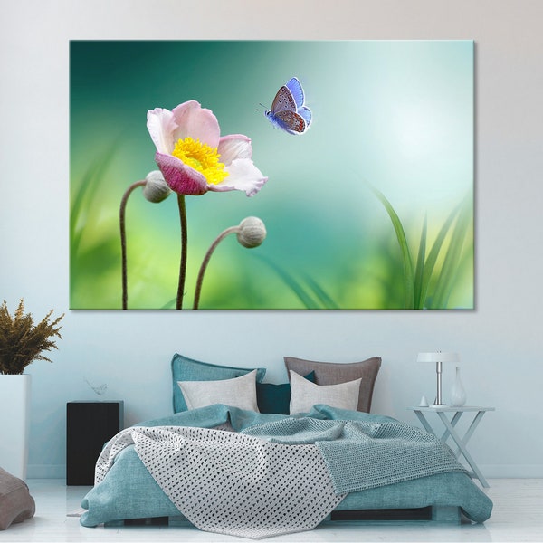 Beautiful Pink Flower Canvas Fluttering Butterfly Wall Art Pink Flower Macro Photo Butterfly Wall Decor Nature Canvas Print Split Art