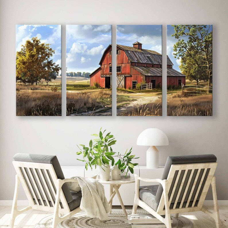 May include: A four-panel canvas art print depicting a rural landscape with a red barn. The barn is the focal point, set against a backdrop of fields, trees, and a cloudy sky. The artwork is displayed above two modern armchairs.