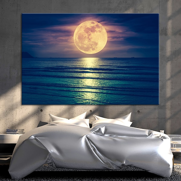 Enorme luna llena sobre el mar Arte de pared de luna llena Decoración de pared de luna llena Impresión en lienzo de luna llena Impresión de luna llena Póster de luna llena Foto de luna llena