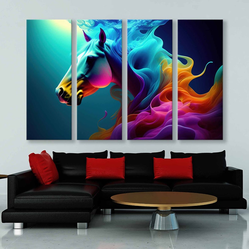 May include: A multi-panel canvas print depicting a colourful abstract horse with flowing, vibrant blue, purple, orange, and pink hues. The horse's head is visible in the left panel, while the rest of the body is depicted in a dynamic, swirling motion across the three panels.