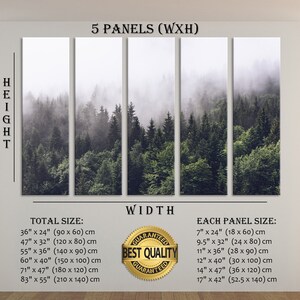Puede incluir: Conjunto de cinco impresiones en lienzo que representan una escena de bosque brumoso con &aacute;rboles verdes. La impresi&oacute;n est&aacute; disponible en varios tama&ntilde;os, siendo el m&aacute;s grande de 83 pulgadas por 55 pulgadas. La imagen incluye el texto "5 Panels (WxH)", "Height", "Total Size", "Width", "Each Panel Size", "Guaranteed Best Quality" y medidas en pulgadas y cent&iacute;metros.