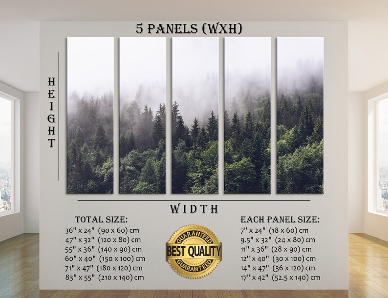 Puede incluir: Conjunto de cinco impresiones en lienzo que representan una escena de bosque brumoso con &aacute;rboles verdes. La impresi&oacute;n est&aacute; disponible en varios tama&ntilde;os, siendo el m&aacute;s grande de 83 pulgadas por 55 pulgadas. La imagen incluye el texto "5 Panels (WxH)", "Height", "Total Size", "Width", "Each Panel Size", "Guaranteed Best Quality" y medidas en pulgadas y cent&iacute;metros.