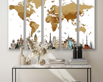 Impression sur toile carte du monde, art mural carte du monde, attractions du monde