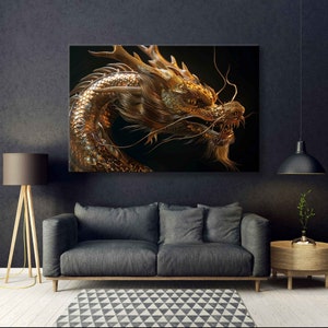 May include: A golden dragon with intricate scales and a fierce expression. The dragon's head is turned to the side, and its eyes are open wide. The background is black, and the dragon is illuminated by a soft light.