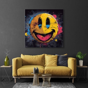 Fröhliches buntes Emoji, Stimmungsaufhellender Leinwanddruck, Pop Art für Zuhause und im Büro, lächelndes Gesicht