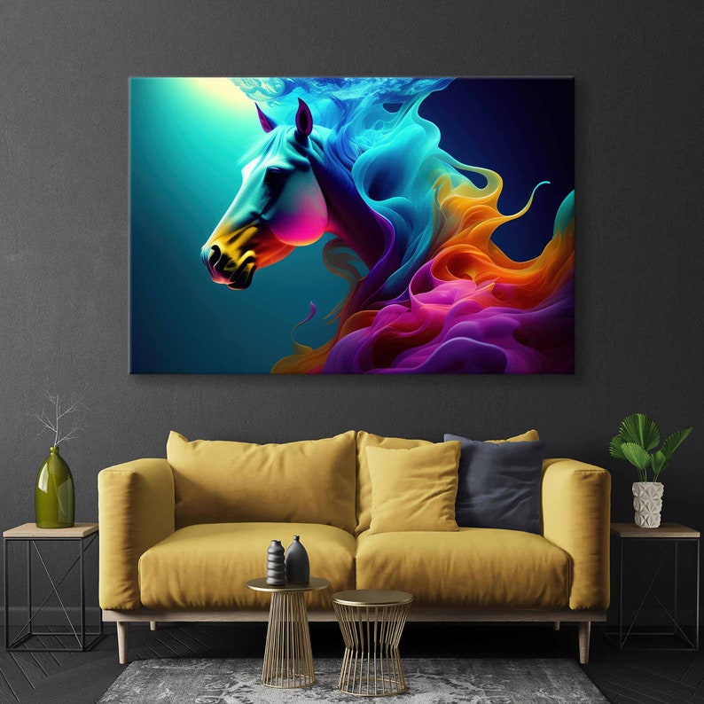 May include: Abstract painting of a horse's head with flowing, colourful, vibrant, and dynamic lines of blue, purple, orange, and yellow.