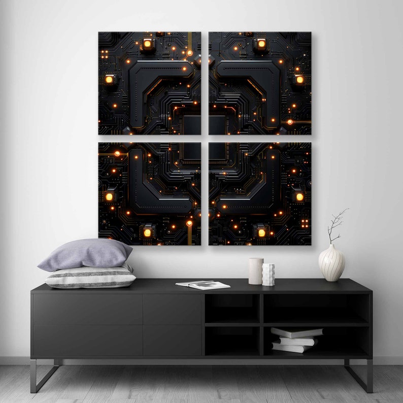 May include: A set of four black and gold abstract art prints featuring a circuit board design with glowing lights. The prints are arranged in a square formation on a white wall above a black entertainment center.