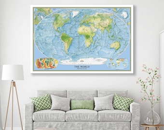 May include: A physical world map with a blue background and green and brown landmasses. The map is titled "The World Physical".