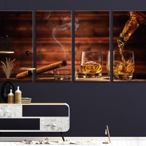 May include: A split-screen image of a wooden background with two glasses of amber liquid, a cigar, and a bottle pouring liquid into one of the glasses. The glasses are filled with ice cubes and the liquid is amber in color. The cigar is brown and is resting on a wooden surface. The bottle is also amber in color and is pouring liquid into the glass. The background is a dark wood.