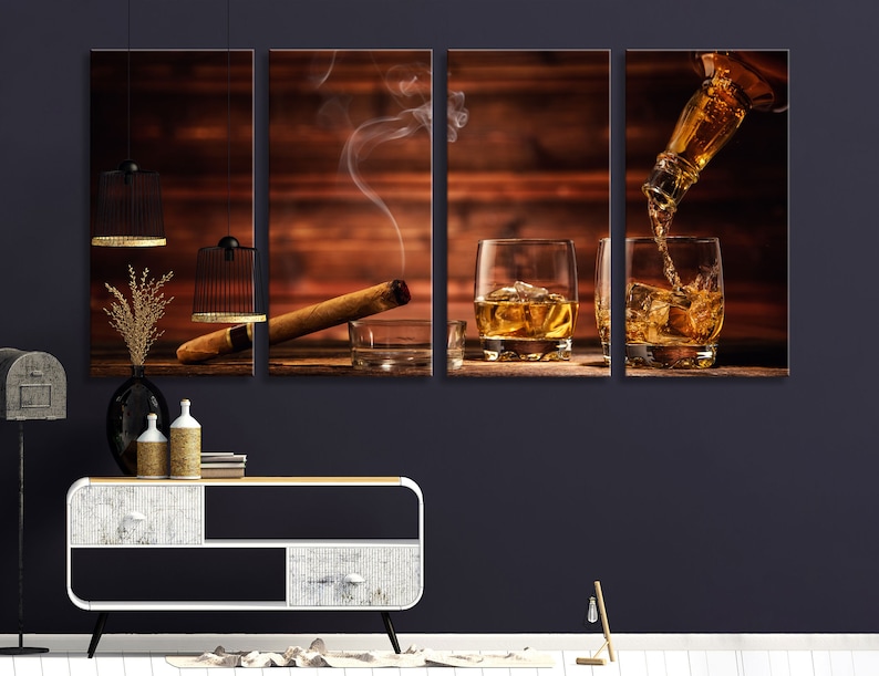 May include: A split-screen image of a wooden background with two glasses of amber liquid, a cigar, and a bottle pouring liquid into one of the glasses. The glasses are filled with ice cubes and the liquid is amber in color. The cigar is brown and is resting on a wooden surface. The bottle is also amber in color and is pouring liquid into the glass. The background is a dark wood.