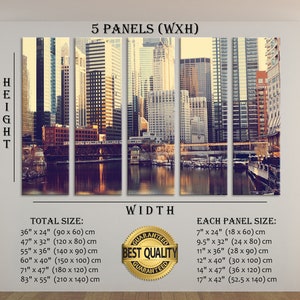May include: A five-panel canvas print featuring a cityscape with skyscrapers and a river. The print is available in various sizes, with the total size ranging from 36 inches by 24 inches to 83 inches by 55 inches. Each panel is also available in different sizes, ranging from 7 inches by 24 inches to 17 inches by 42 inches. The print is labeled "Best Quality Guaranteed".