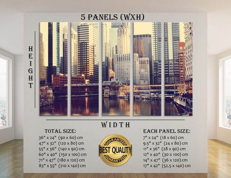 May include: A five-panel canvas print featuring a cityscape with skyscrapers and a river. The print is available in various sizes, with the total size ranging from 36 inches by 24 inches to 83 inches by 55 inches. Each panel is also available in different sizes, ranging from 7 inches by 24 inches to 17 inches by 42 inches. The print is labeled "Best Quality Guaranteed".