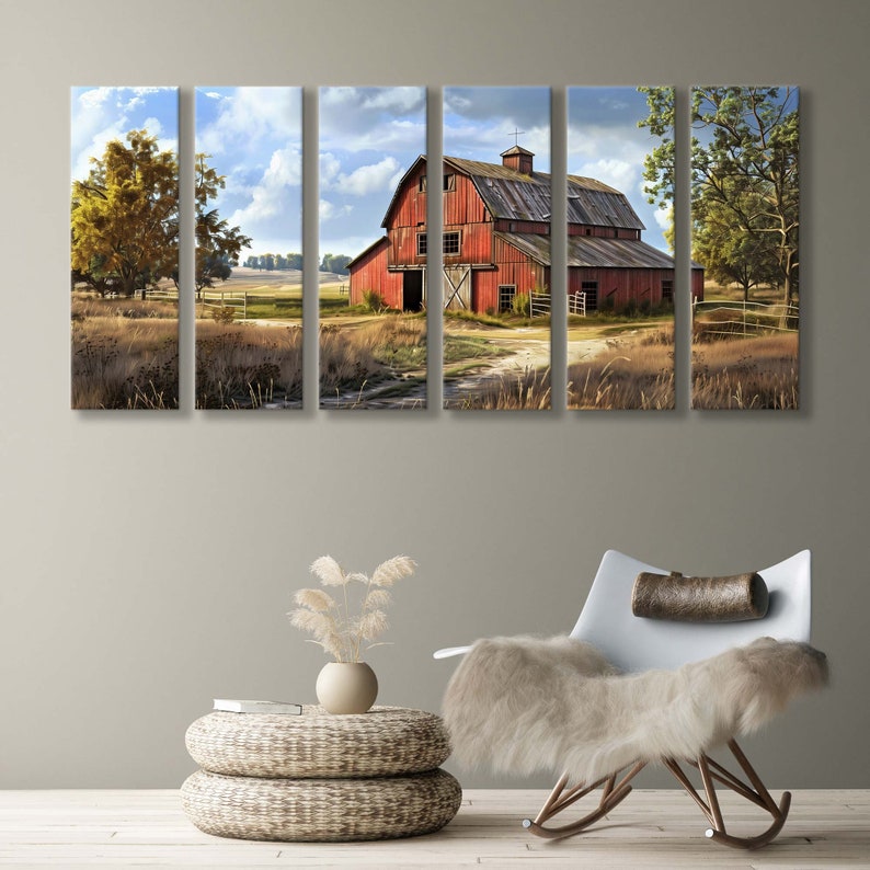 May include: A multi-panel canvas print depicting a rural landscape with a weathered red barn under a cloudy sky. The artwork features a dirt path leading to the barn, surrounded by fields and trees. The overall color palette is warm, with shades of red, brown, and green.