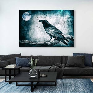 黒いカラスと満月のゴシックアートキャンバスプリント - ダークウォールデコレーション