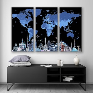Impression sur toile de qualité supérieure carte du monde pour une décoration intérieure élégante, grande carte d'art murale en noir et bleu