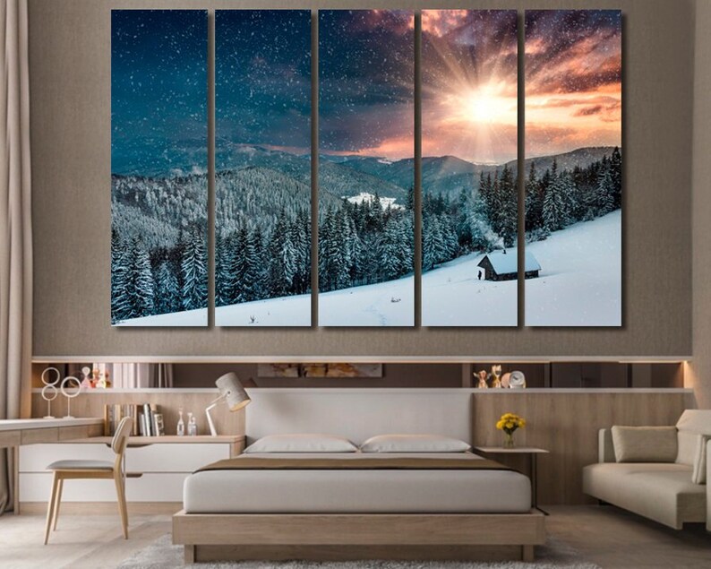 Colorful Winter Wall Art Set Mountains Sunset Decor Canvas Print