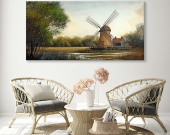 Alte Windmühle auf dem Bauernhof Vintage Malerei Leinwanddruck, Landschaftsdruck, holländische Landschaft, Bauernhaus, gerahmt und fertig zum Aufhängen