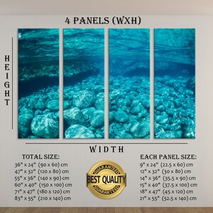 May include: A four-panel canvas print depicting an underwater scene with turquoise water and a rocky seabed. The panels are labeled with dimensions, including a total size of 36" x 24" and individual panel sizes. The words "Best Quality Guaranteed" are also visible.