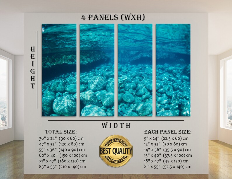 May include: A four-panel canvas print depicting an underwater scene with turquoise water and a rocky seabed. The panels are labeled with dimensions, including a total size of 36" x 24" and individual panel sizes. The words "Best Quality Guaranteed" are also visible.