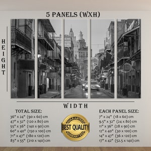 May include: Black and white five-panel canvas art print depicting a street scene with buildings and balconies. The total sizes range from 36" x 24" to 83" x 55". Each panel size is listed, with the smallest being 7" x 24". The words "Best Quality Guaranteed" are also visible.