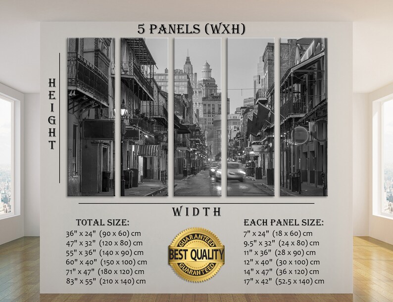 May include: Black and white five-panel canvas art print depicting a street scene with buildings and balconies. The total sizes range from 36" x 24" to 83" x 55". Each panel size is listed, with the smallest being 7" x 24". The words "Best Quality Guaranteed" are also visible.