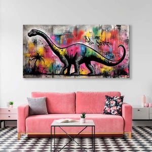 Dinosaure graffiti - Impression sur toile street art Diplodocus - Décoration murale urbaine moderne