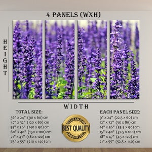 May include: A four-panel canvas print featuring a close-up of a field of purple lavender flowers. The print is available in various sizes, with the total size ranging from 36 inches by 24 inches to 83 inches by 55 inches. Each panel measures between 9 inches by 24 inches and 21 inches by 55 inches.