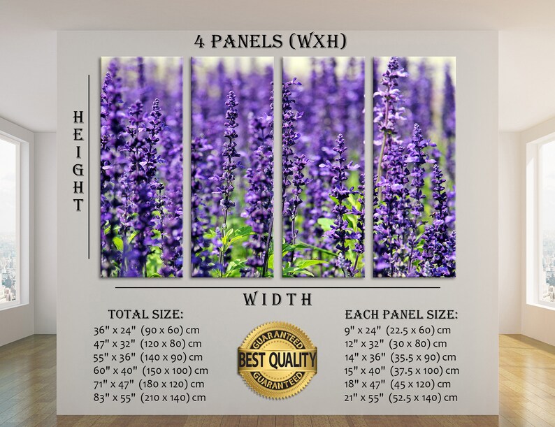 May include: A four-panel canvas print featuring a close-up of a field of purple lavender flowers. The print is available in various sizes, with the total size ranging from 36 inches by 24 inches to 83 inches by 55 inches. Each panel measures between 9 inches by 24 inches and 21 inches by 55 inches.