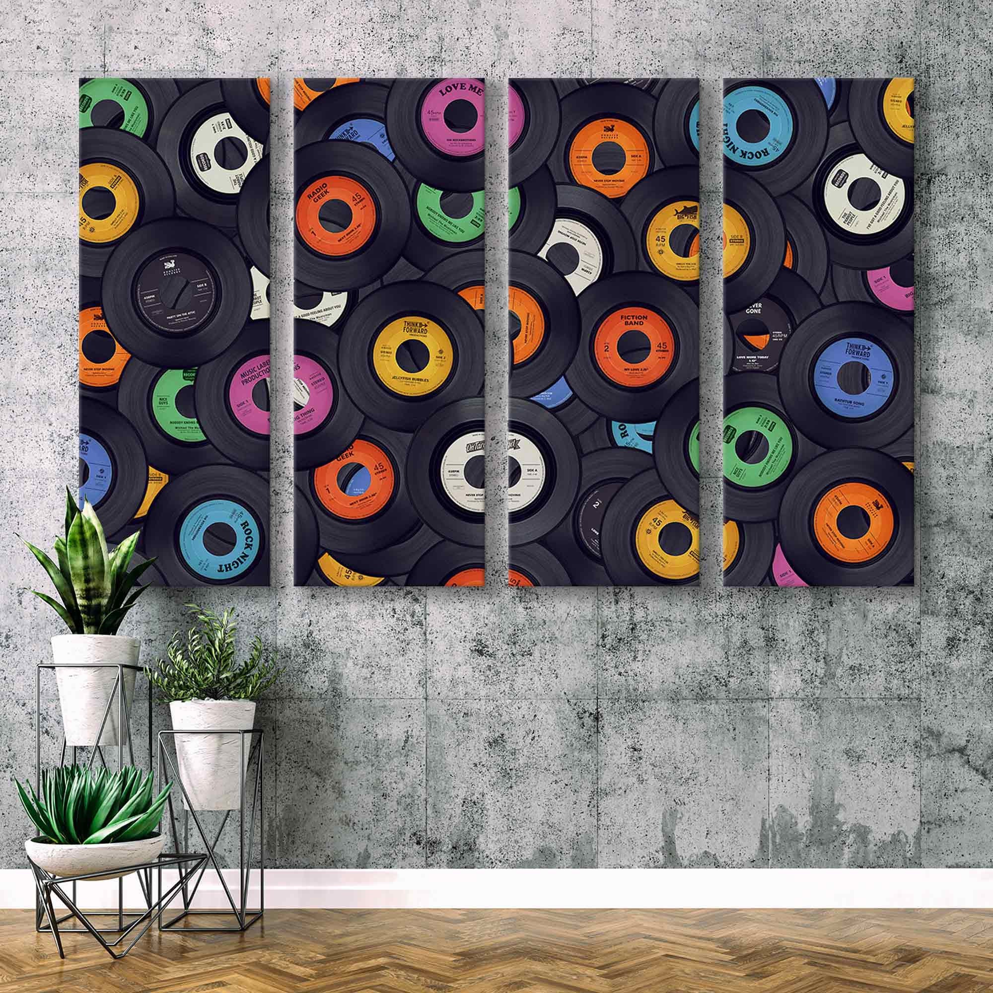Quadri Moderni Su Tela - Set Da 5 Pezzi Con Giradischi Vintage E Vinile - Stampe Artistiche Da Parete - Dimensioni Totali 127x61 Cm - Decorazione Per Soggiorno, Camera
