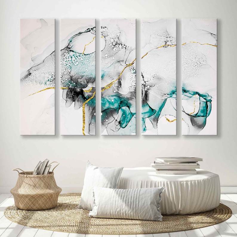 May include: Abstract art print featuring teal, grey, and gold accents. The print is divided into four panels, each with a unique design. The panels are arranged in a horizontal row.