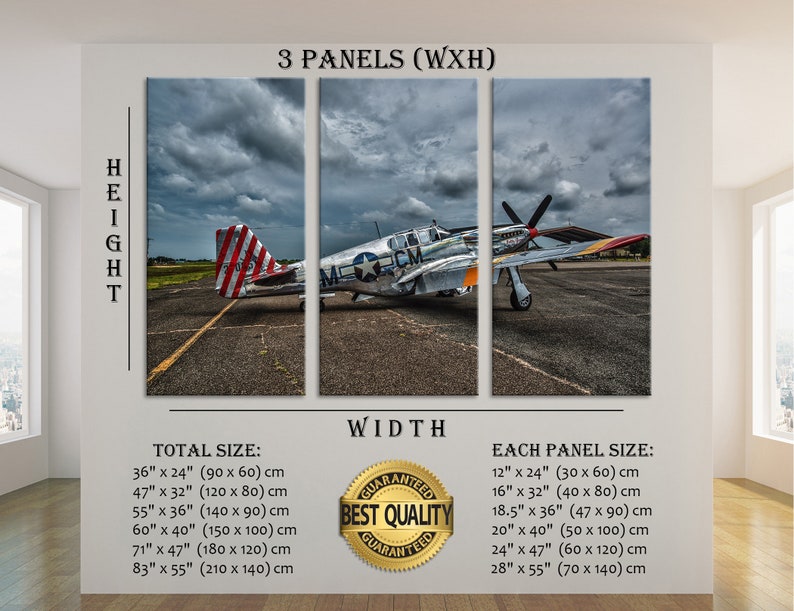Puede incluir: Una impresi&oacute;n en lienzo de tres paneles que presenta un avi&oacute;n militar vintage, un P-51 Mustang, en una pista. El avi&oacute;n est&aacute; pintado en un esquema de color plateado y gris con marcas rojas, blancas y azules. El fondo muestra un cielo nublado. La imagen est&aacute; etiquetada con "3 Paneles (AnxAl)" e incluye las dimensiones del tama&ntilde;o total y de cada panel en pulgadas y cent&iacute;metros.