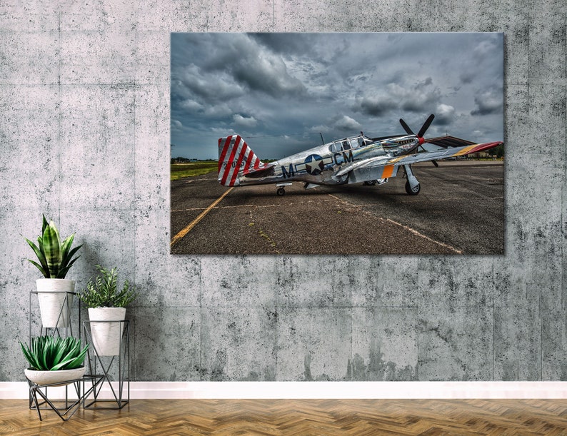 Puede incluir: Un avi&oacute;n de combate P-51 Mustang vintage, de color plateado, con marcas rojas, blancas y azules en la cola. El avi&oacute;n est&aacute; estacionado en una pista con un cielo nublado en el fondo.