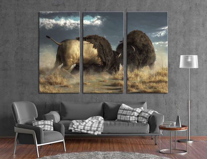 Two Great Bisons Wall Art Bison Canvas Extra Large Wall Art Etsy