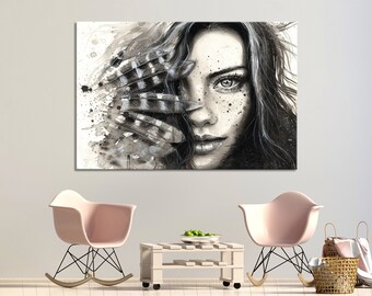 Black & White Watercolor Portrait on Canvas Print - Indian Girl Art Decor with Timeless Charm for Home Wall Decoration Set