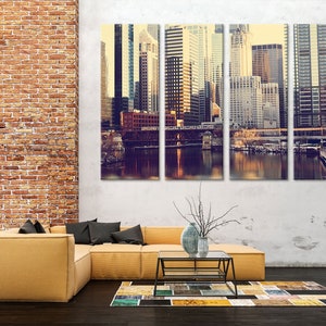 May include: A panoramic view of a city skyline with tall buildings and a river in the foreground. The image is in a vintage style with a warm color palette.