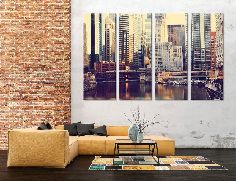 May include: A panoramic view of a city skyline with tall buildings and a river in the foreground. The image is in a vintage style with a warm color palette.
