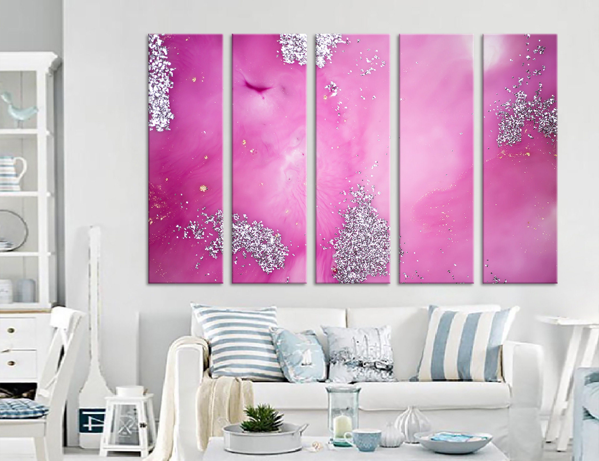Bright Pink and Silver Abstract Marble Large Wall Art Canvas Etsy