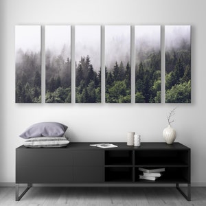 Morning Fog Over Mountains Multi Panel Wall Art, Set of 6, Trees Nature Forest Wall Decor, Forest Canvas Print, Panoramic Wall Art