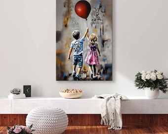 Stampa su tela di ragazza e ragazzo con palloncino rosso, arte epica ispirata a Banksy, street art, pop art, decorazione da parete con palloncino, regalo moderno - Italia