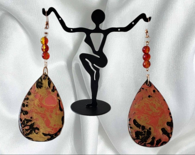 Red and black wooden marble dangle earrings