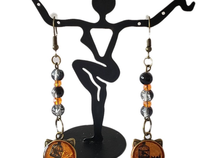 Cat and the Canary orange and black dangle earrings